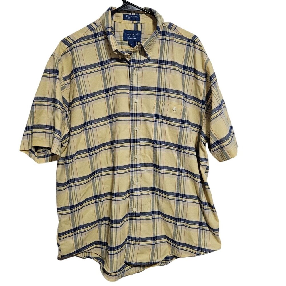 Towncraft Wrinkle Free Button Front Shirt Mens Size Large Yellow Plaid Casual